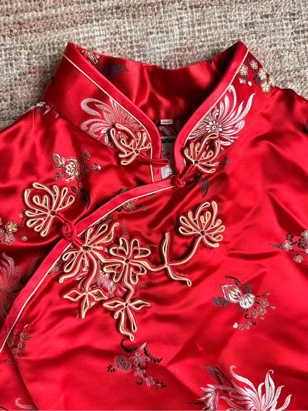 Vintage Red Satin Midi Dress with Gold Trim